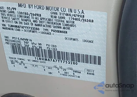 2000 Lincoln Ls V8 Auto z USA, uszkodzony, nr VIN 1LNHM87A7YY753280